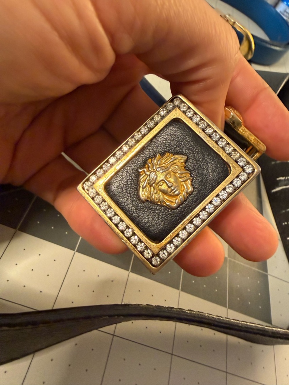 Vintage Gianni Versace Medusa Rhinestone Belt Size 65/26 Black Leather Italy